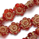 Red/Gold Flower Bead, Czech Glass 13mm / 12", Strand of 8 Beads  #L-411