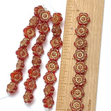 Red/Gold Flower Bead, Czech Glass 13mm / 12", Strand of 8 Beads  #L-411