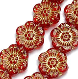 Red/Gold Flower Beads, Czech Glass 13mm / 12", Strand of 8 Beads  #L-411