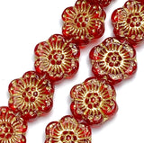 Red/Gold Flower Bead, Czech Glass 13mm / 12", Strand of 8 Beads  #L-411