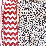 Gray, Black Swirls and Leaves, Red ZigZag Border, Cotton Handloom Block Print Mul from India, By the Yard  #TK-50