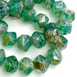 Sea Green Czech Glass Silver Lustre Picasso Beads, 8x10mm, 15 beads #L-761