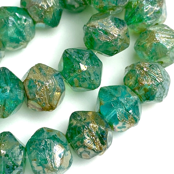 Sea Green Czech Glass Silver Lustre Picasso Beads, 8x10mm, 15 beads #L-761