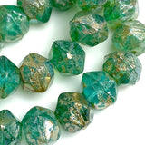 Sea Green Czech Glass Silver Lustre Picasso Beads, 8x10mm, 15 beads #L-761