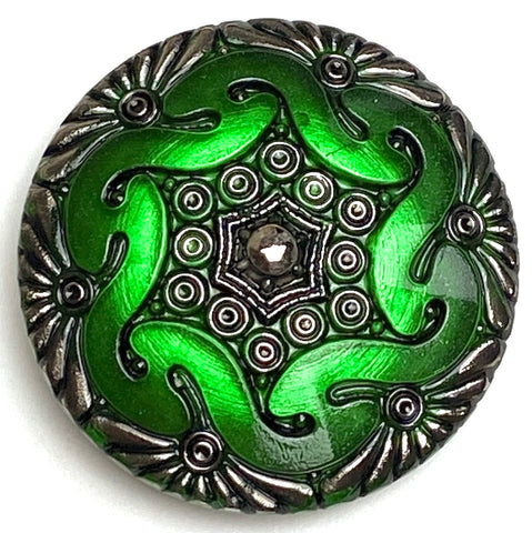 Dark Green Large Deco Hexagon Handpainted OOAK Czech Glass Button, 1-5/8", Susan Clarke  #SC885 E