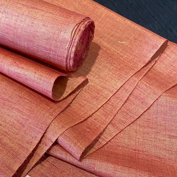 Sunset Red Wine/Gold Tsumugi Textured Vintage Handwoven Kimono Silk By the Yard,  #330