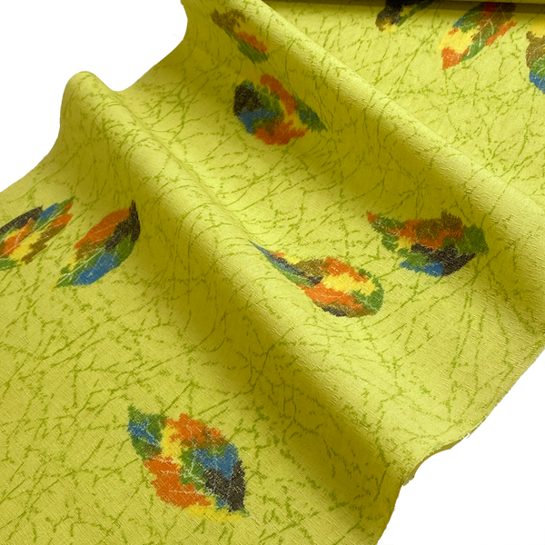 REMNANT, 1/2 Yard Piece, Kiwi Autumn Rainbow Leaves Print, Wool Blend Vintage Kimono Fabric  #223