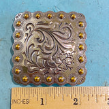 Large 2-1/4" Square Concho: Silver/Gold Flower Engraved  Screwback  #SWM-11