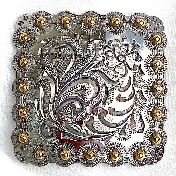 Large 2-1/4" Square Concho: Silver/Gold Flower Engraved  Screwback  #SWM-11