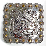 Large 2-1/4" Square Concho: Silver/Gold Flower Engraved  Screwback  #SWM-11