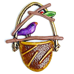 SALE, Bird on Basket Charm, 7/8" Handpainted Metal by Susan Clarke, USA  #SC-1459