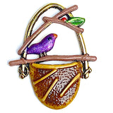 SALE, Bird on Basket Charm, 7/8" Handpainted Metal by Susan Clarke, USA  #SC-1459