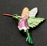 Fairy on Hummingbird Metal Button 1", Shank Back, Bright Pink Dress  #SC-554