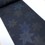 Dark Navy Blue/Maple Leaves Indigo Ikat Vintage Kimono Silk By the Yard,  #493