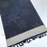 Dark Navy Blue/Maple Leaves Indigo Ikat Vintage Kimono Silk By the Yard,  #493