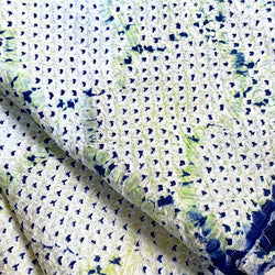 All-Shibori Vintage Kimono Silk Piece, Lime/Off-White/Indigo, from Japan, 14" x 38"  Item #239