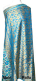 Turquoise/Aqua Floral + Gold Embroidery Vintage Silk Sari, 43" x 198",  Saree #SR48