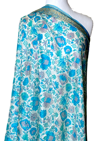 Turquoise/Aqua Floral + Gold Embroidery Vintage Silk Sari, 43" x 198",  Saree #SR48