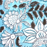 SALE, Aqua/Brown Hand Block Print Cotton Floral from India, By the Yard #5059