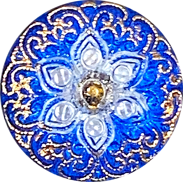 Cobalt Blue, Gold, White "Arabian Starflower" Czech Glass Button 18mm / 3/4"  # CZ 112