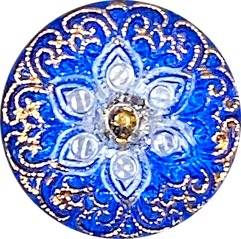 SALE Cobalt Blue, Gold, White "Arabian Starflower" Czech Glass Button 18mm / 3/4"  # CZ 112