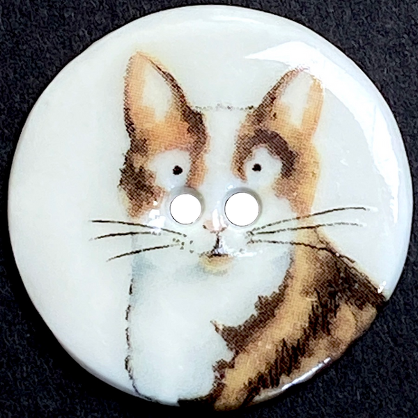 SALE, Brown Tabby, White Chest Porcelain Cat 2-Hole Button 1-1/8" Kitty, Artisan made in London