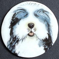 DEEPER SALE, Sheep Dog Large Porcelain Button -1-1/2"  Handmade Sheepdog Artisan Button by Kate Holliday, London