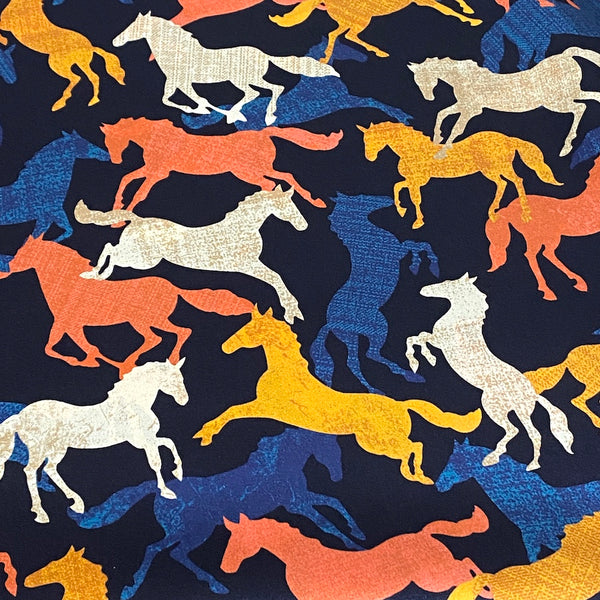 DEEPER SALE, Horses Print, Fall Tones + Black, 100% Silk Satin Charmeuse. 45" Wide, by the Yard  #1904
