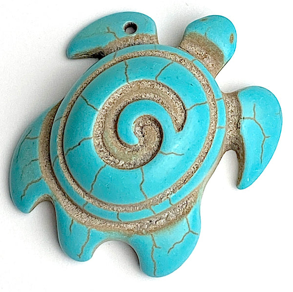 Large Turquoise Turtle Pendant, Faux Turquoise Stone or Ceramic  1-5/8"  #LP-88