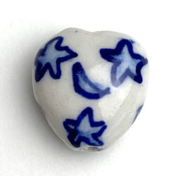 SALE, Heart Bead, Chubby Primitive Handpainted White Porcelain/Indigo Moon + Stars 5/8"/ 15mm  #LP-22