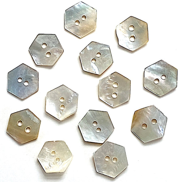 Hexagon Moonrise Mother of Pearl Buttons 7/16"- 1/2", Iridescent, Pack of 12 for $5.00  #LP-10