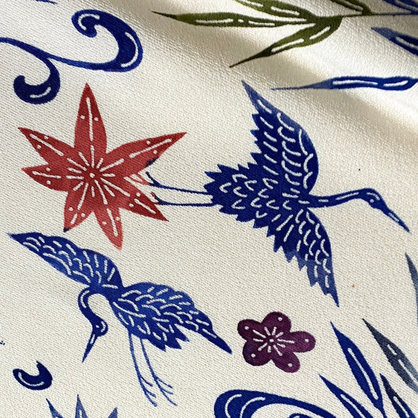 Cranes/Bamboo Bingata on Ecru Chirimen Crepe Vintage Kimono Silk Piece 14" x 61"   #1091
