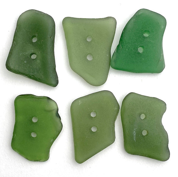 Six Green Beach Glass Buttons, Real Natural Sea Glass, Ocean-Tumbled 7/8"-1"   #LP-6