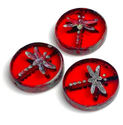 Three Red Dragonfly Czech Glass Round Beads 11/16" 17mm # L362
