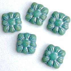 FIVE Turquoise-Blue-Green + Silver Flower Square Beads, Czech Glass 3/8" 9mm # L246