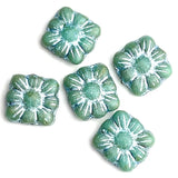 FIVE Turquoise-Blue-Green + Silver Flower Square Beads, Czech Glass 3/8" 9mm # L246