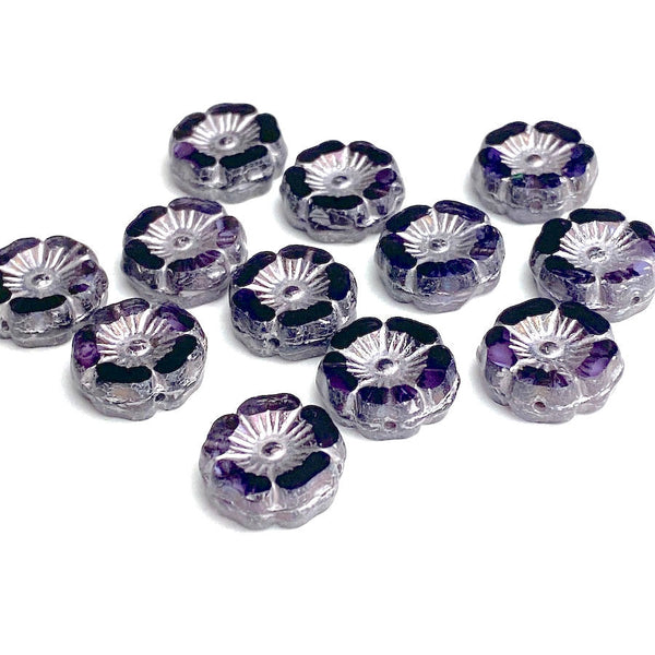 Re-Stocked, Dark Purple Czech Glass Hibiscus Flower Beads, 1/2" Pack of 12 Beads / 12mm # L-009