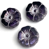 TWELVE Dark Purple Czech Glass Hibiscus Flower Beads, 1/2" / 12mm # L009