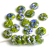 Recycled Rustic African Glass "Donut" Beads, Green with Sead Beads Inside 14mm,  #L683