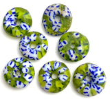 Recycled Rustic African Glass "Donut" Beads, Green with Sead Beads Inside 14mm,  #L683