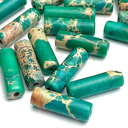 Rustic Blue-Green Imperial Jasper Cylinder Tube Beads, 13mm x 4mm, 1/2" Long, Natural Dyed Gemstone,  PACK OF 14  #LP-40