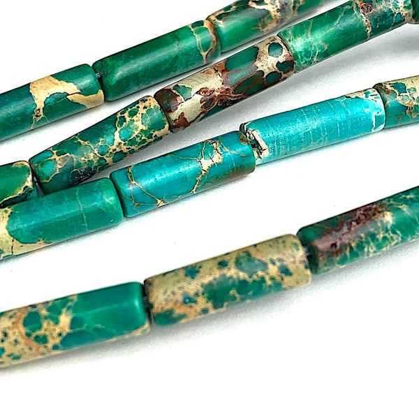 Re-Stocked, Green/Taupe Imperial Jasper Cylinder Beads, 13mm x 4mm, 1/2" Long, Strand of 25 Beads/nd of  #LP-40