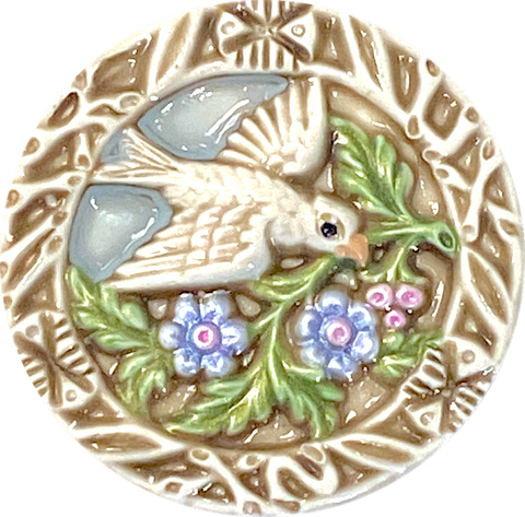 Bird Flying with Flowers, Hand Painted Art Stone Button by Susan Clarke 1.5" #SC-1077