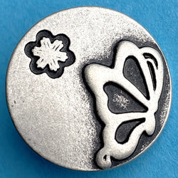 Butterfly and Flower Silver/Black Metal Button, 3/4" 19mm, Shank Back  #SWC-137