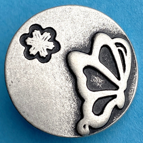 Butterfly and Flower Silver/Black Metal Button, 3/4" 19mm, Shank Back  #SWC-137