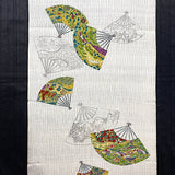 Greens/Teal/Gold Fans Vintage Silk Crepe Print, Kimono Pieces from Japan 14"x 44"  #259