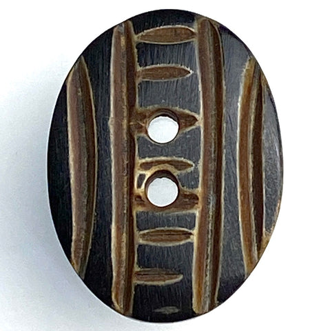 Re-Stocked, Kyoto Black/Brown Oval, Carved Horn Button   1" x 3/4".   #714