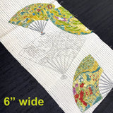 Greens/Teal/Gold Fans Vintage Silk Crepe Print, Kimono Pieces from Japan 6"x 31"  #259