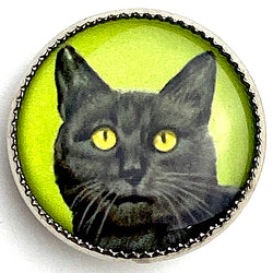 Last Ones, Cat Portrait, Black Kitty on Green 18mm Winky and Dutch 3/4" Shank Back Button