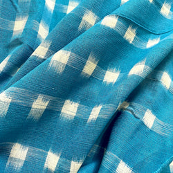 Aqua Blue/White Ikat Blocks Cotton Handloom by the yard. India.  #CHL-25